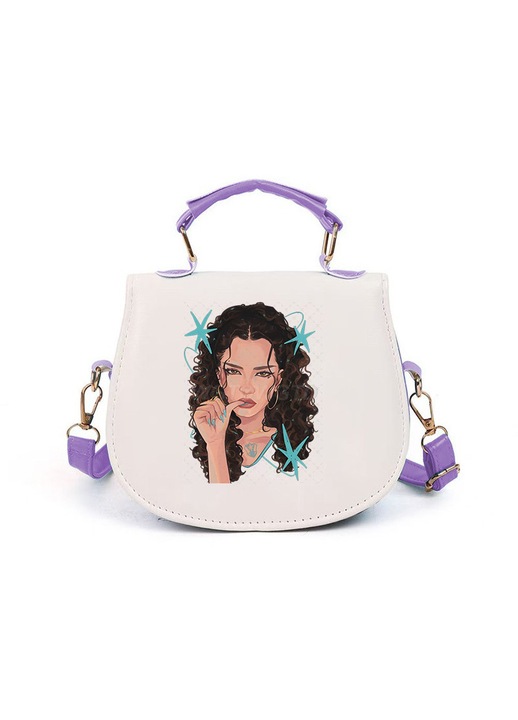 Gyermek crossbody táska szintetikus anyagból, mintával és állítható pánttal, fehér/lila, K0232-30KP-2683-079