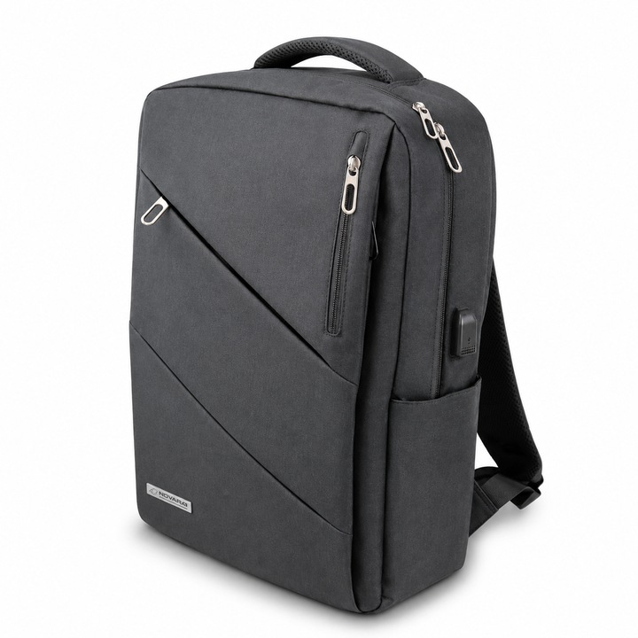Rucsac laptop NOVARA, compatibil 15.6 inch, port USB, compartimente multiple, poliester 300D, Negru