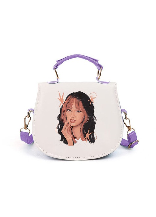 Gyermek crossbody táska szintetikus anyagból, elülső mintával, K0232-30KP-2683-082, fehér/lila