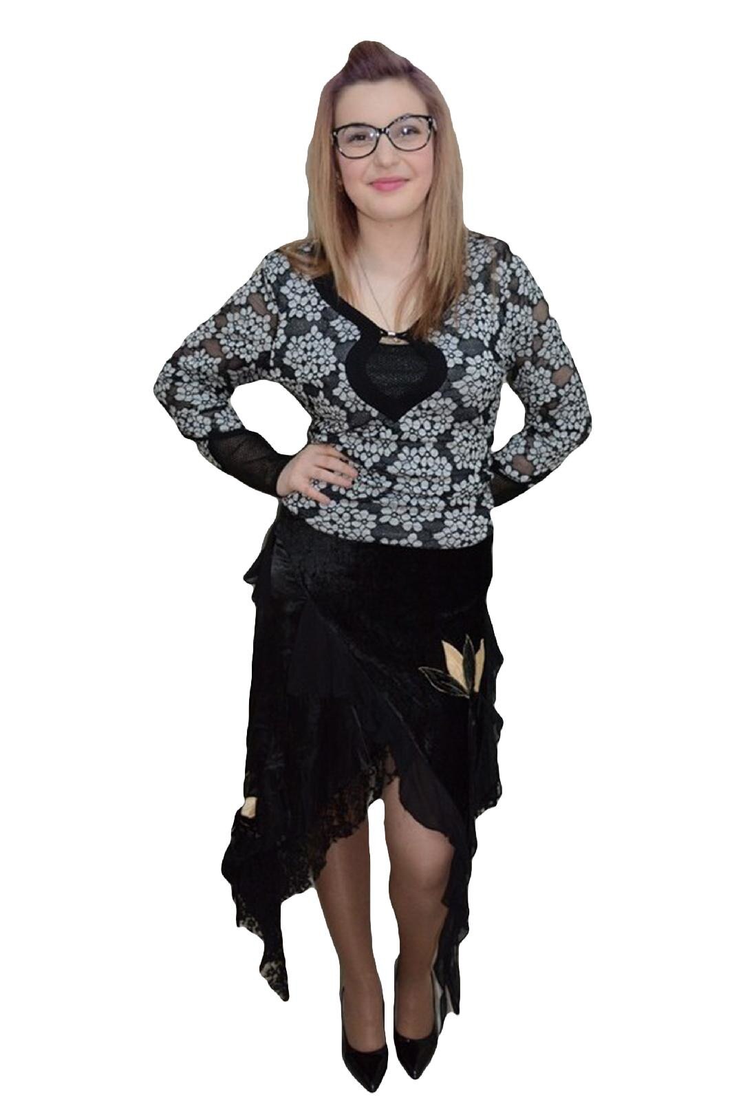 Fusta fashion, imprimeu floral tineresc, D&J Exclusive, Negru