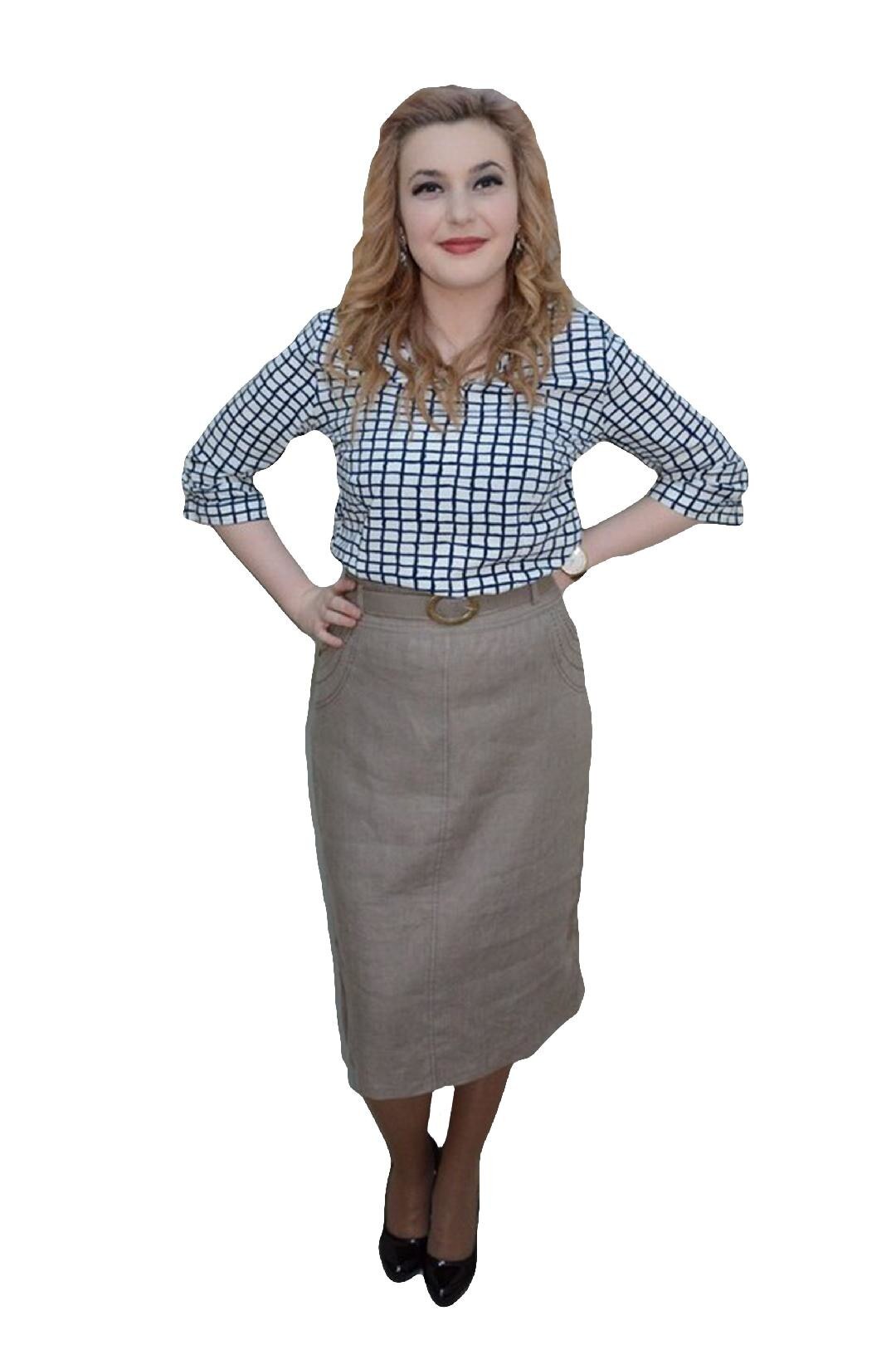 Fusta eleganta, insertii de cusaturi albe, masura mare, D&J Exclusive, Bej