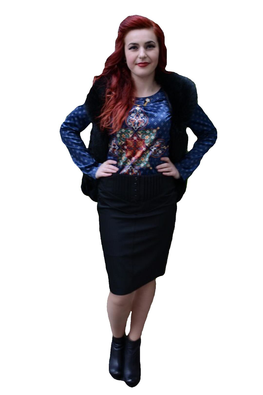 Fusta rafinata cu talie alungita si decor de plisat, D&J Exclusive, Negru, 40