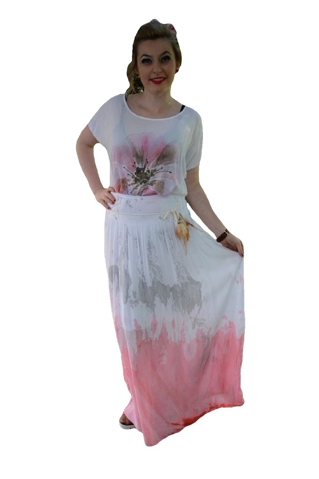 Fusta de primavara-vara, lunga, D&J Exclusive, Alb/Corai