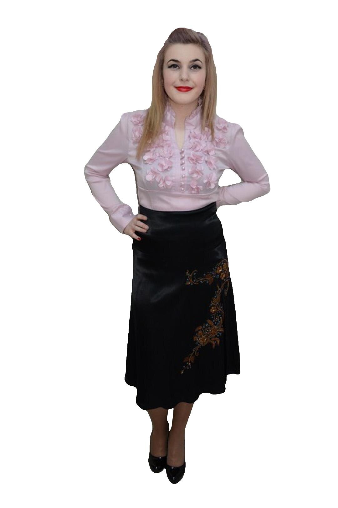 Fusta eleganta din saten cu broderie, D&J Exclusive, Negru