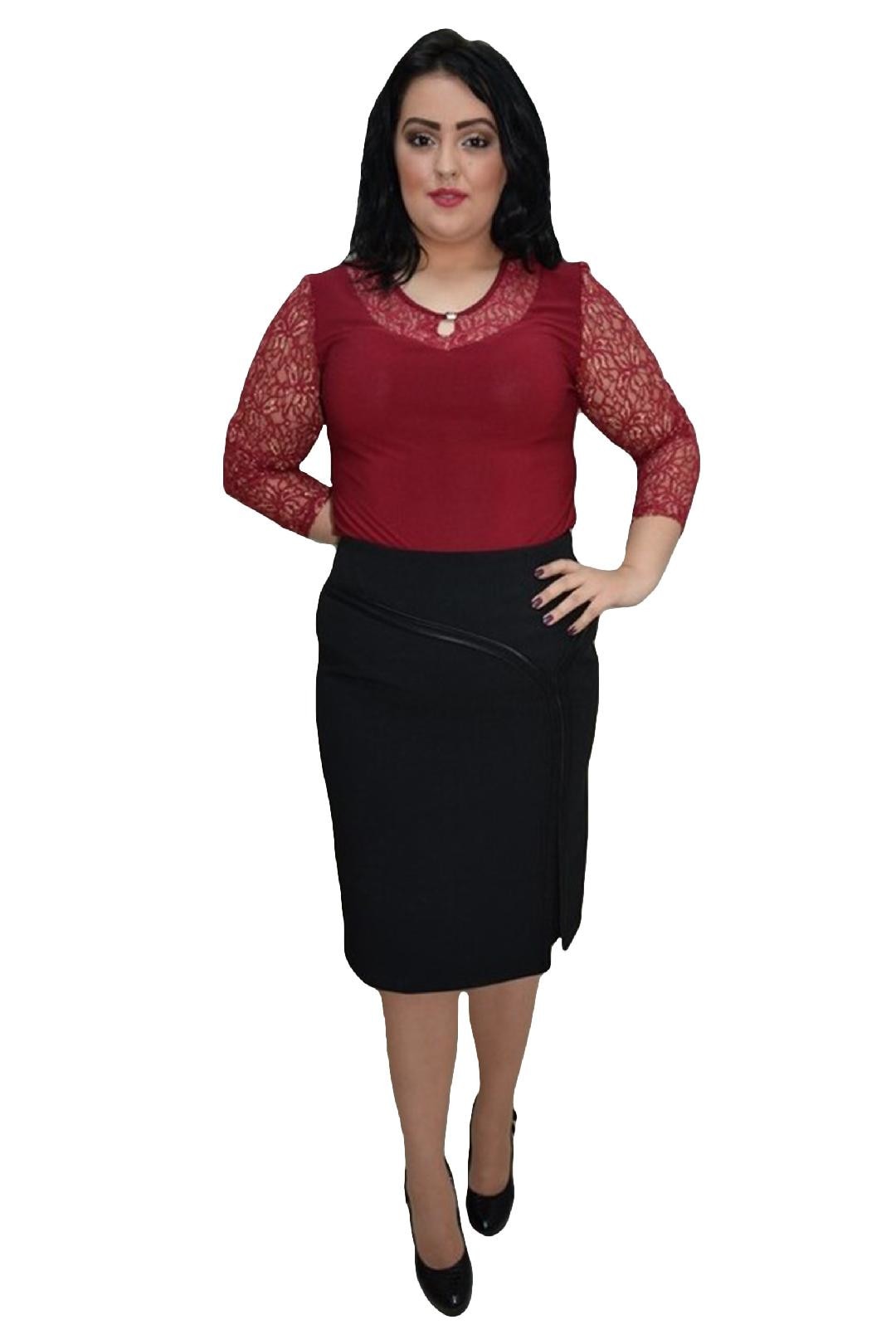 Fusta usor conica cu design din saten,masura mare, D&J Exclusive,, Negru