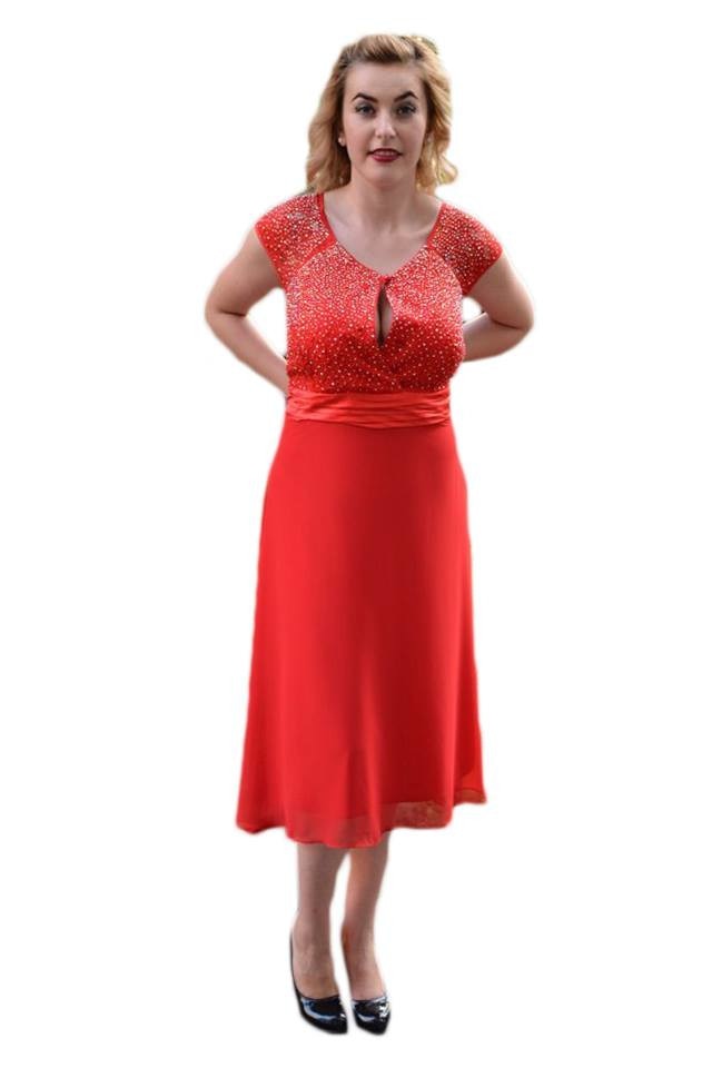 Rochie de ocazie , cu insertii de pietre , D&J Exclusive, Rosu