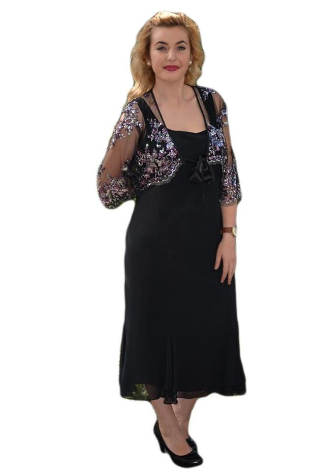 Rochie aparte de gala, model midi, cu un bolero din tul, cu paiete , D&J Exclusive, Negru, 50