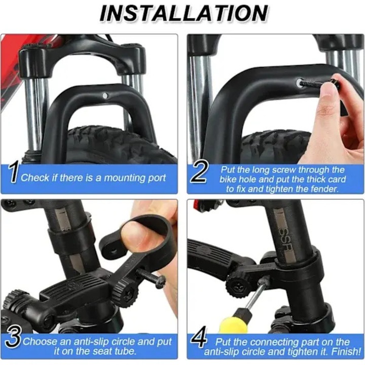 Set aparatori noroi pentru bicicleta K0544-260803-1236-FDC, ajustabil, PVC rezistent, fata + spate, galben/negru, pentru roti 20–26 inch, dimensiuni aprox. fata 90x300x40 mm, spate 90x380x50 mm