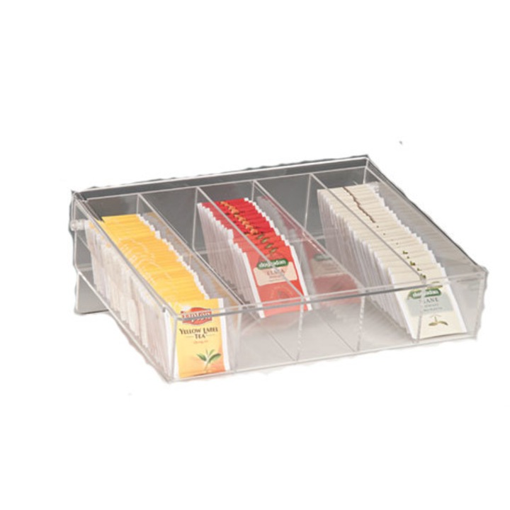 Suport dreptunghiular acrilic pentru pliculete ceai cu 5 compartimente 27x33x8cm