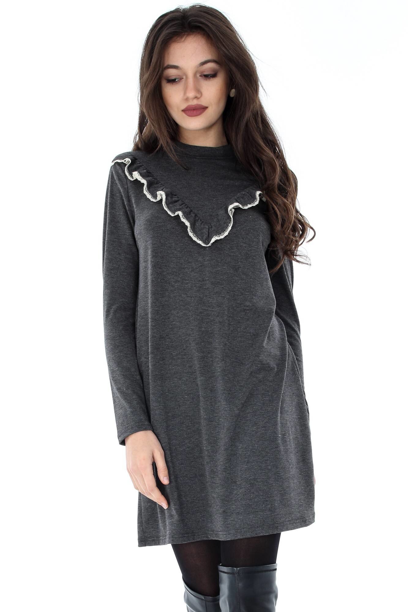 Rochie gri, ROH, cu volan in V