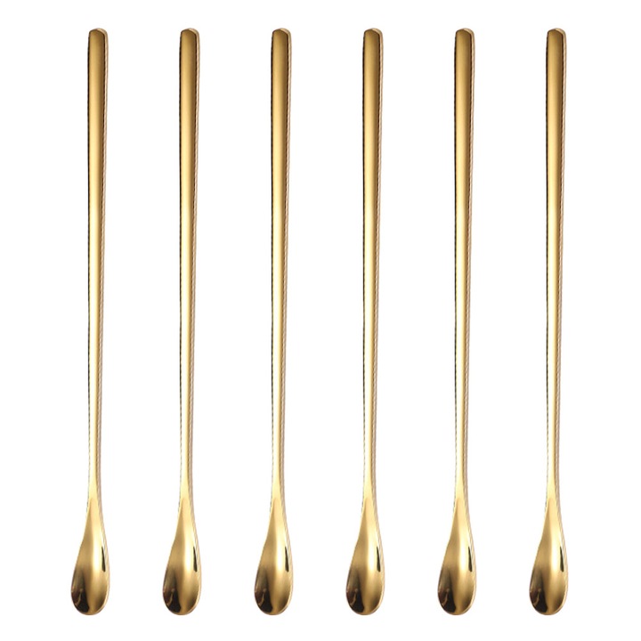 Linguri pentru cocktail si ceai cu gheata YANYXR BST3022443-2, din otel inoxidabil, maner lung 22 cm, auriu, set 6 buc