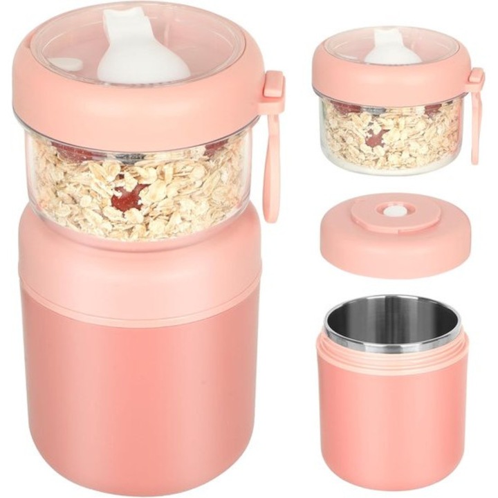Recipient pentru iaurt cu doua compartimente 530 ml + 330 ml, inox 304 si PP, etans, cu lingurita pliabila, fara BPA, roz