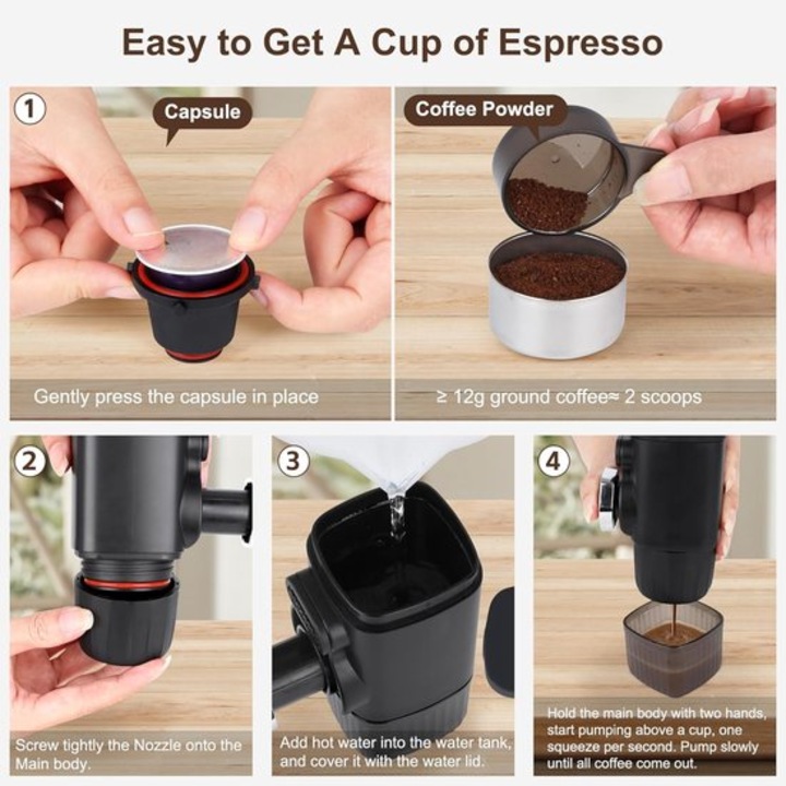 Espressor portabil K0443-emagCJ-10511, manual, 15 bar, cu rasnita incorporata, capacitate 100 ml, negru