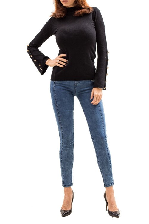 Pulover maneca evazata, nasturi aurii, Negru, M-L