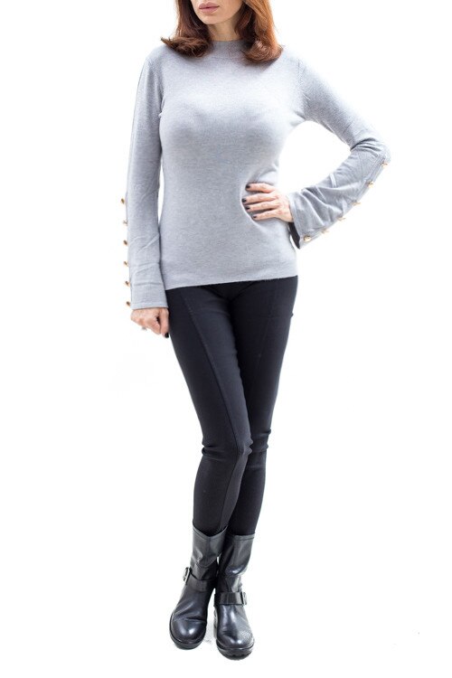 Pulover maneca evazata, nasturi aurii, Gri, M-L