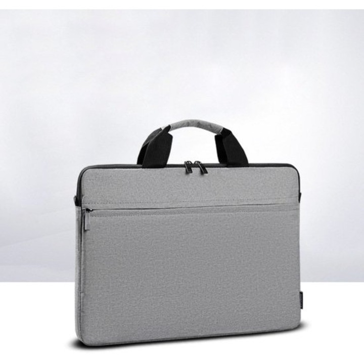 Geanta pentru laptop in material textil rezistent la apa, captusita cu spuma, buzunar frontal cu fermoar, curea de umar detasabila si manere captusite, gri, 15,6 inch