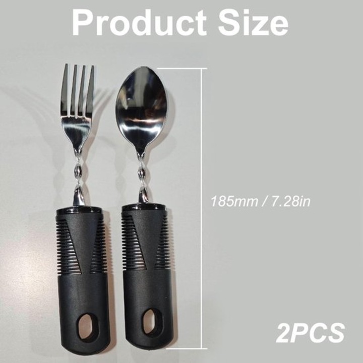 Set tacamuri pentru persoane cu mobilitate redusa K0443-emagCJ-13644, lingura si furculita cu cap flexibil, otel inoxidabil, maner TPR gros antiderapant, negru, 185 mm, 2 piese
