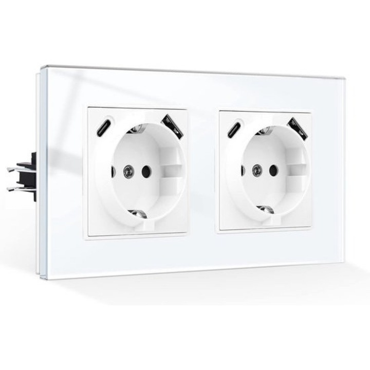 Priza incastrata dubla Schuko K0443-emagCJ-14352, cu port USB-A si USB-C, 2,1 A total, cadru din sticla alb, protectie pentru copii, impamantata
