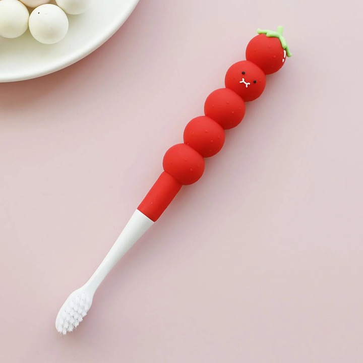Periuta de dinti manuala YANYXR BCS3098572, pentru copii, cap mic cu peri ultrasoft, maner cu ornament din silicon tip personaj, rosu/alb