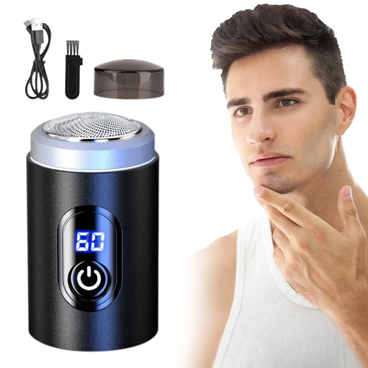 YANYXR BCS3097149 hordozható elektromos borotva, mini, USB tölthető, dupla fólia, LED akkumulátor kijelző, vízálló, fekete/ezüst