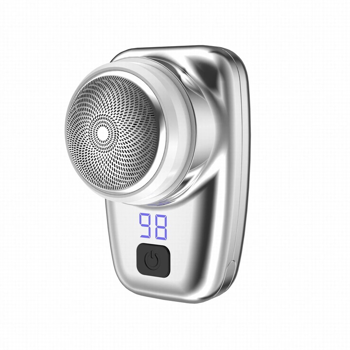 YANYXR BCS3097177 elektromos borotva, mini, forgófejes, USB töltés, hordozható, digitális kijelző, ezüst