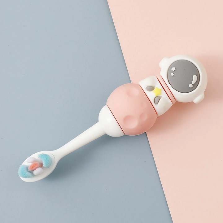 Periuta de dinti manuala YANYXR BCS3098595 din silicon cu peri moi, design astronaut pentru copii, roz/alb