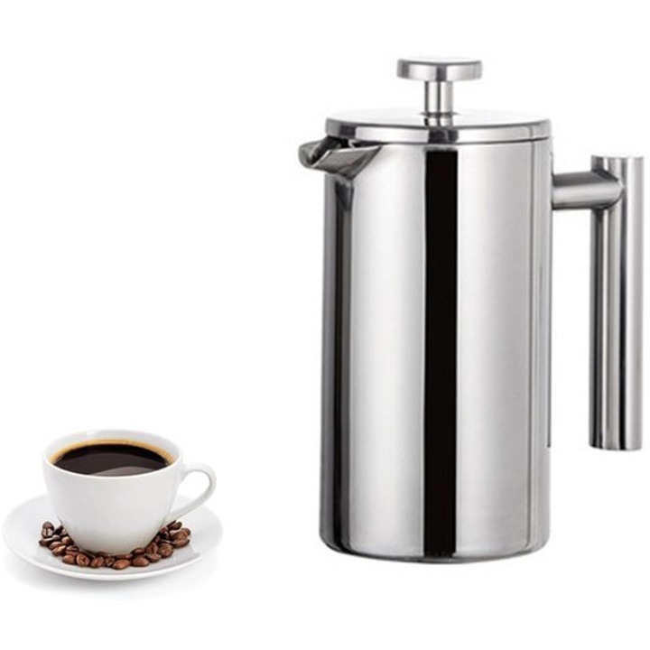 French press din otel inoxidabil K0443-emagCJ-15538, 350 ml, filtru triplu din inox, maner izolat, argintiu
