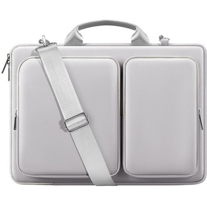 Geanta laptop din poliester cu captuseala 360° din bumbac/EPE, strat hidrofug, curea umar detasabila, fermoare metalice duble, gri deschis, 39,5 x 29 x 3 cm