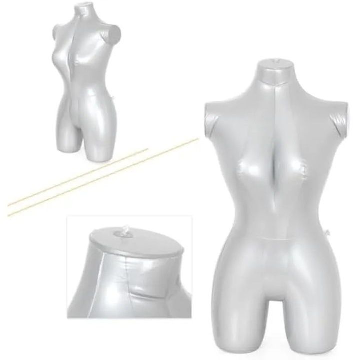 Manechin gonflabil pentru vitrina K0544-26803-1542-AMC, PVC, cu brate, jumatate corp, argintiu, 84 cm
