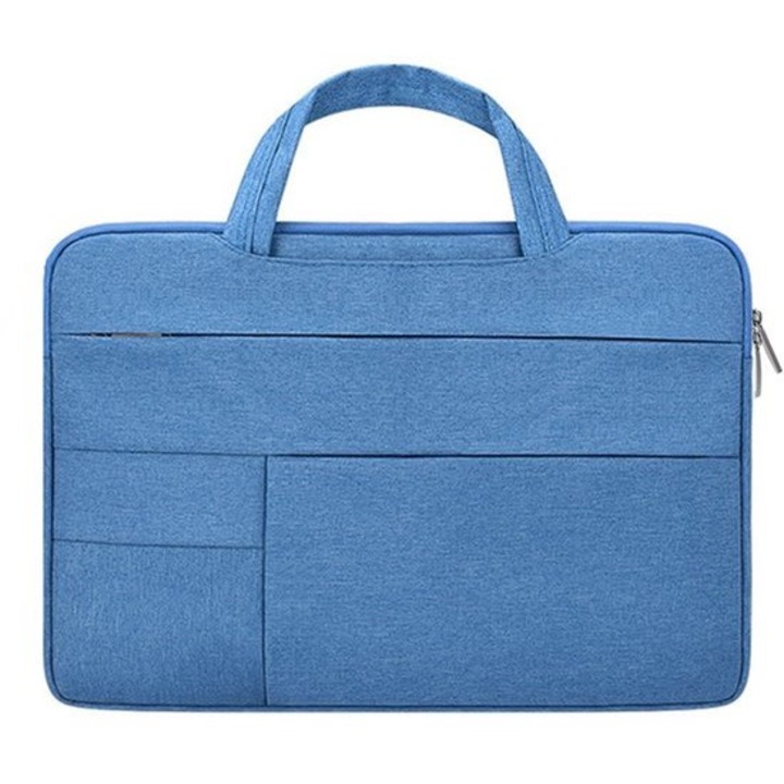 Husa pentru laptop din nylon cu maner, 360° protectie, vatelina 8 mm si buzunare frontale, albastru, 15,6 inch