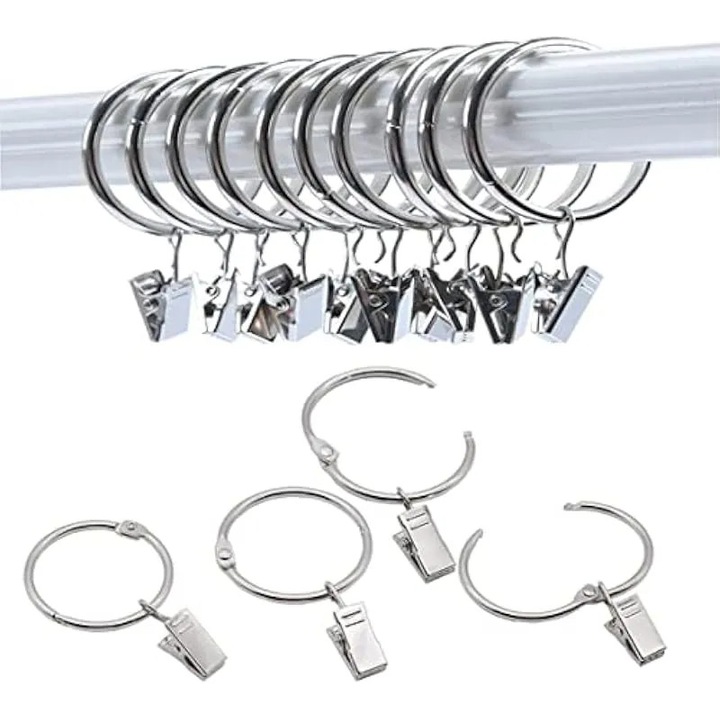 Függönykarikák K0544-26803-756-AMC, fém, csipesszel, belső átmérő 32 mm, ezüst, 20 db