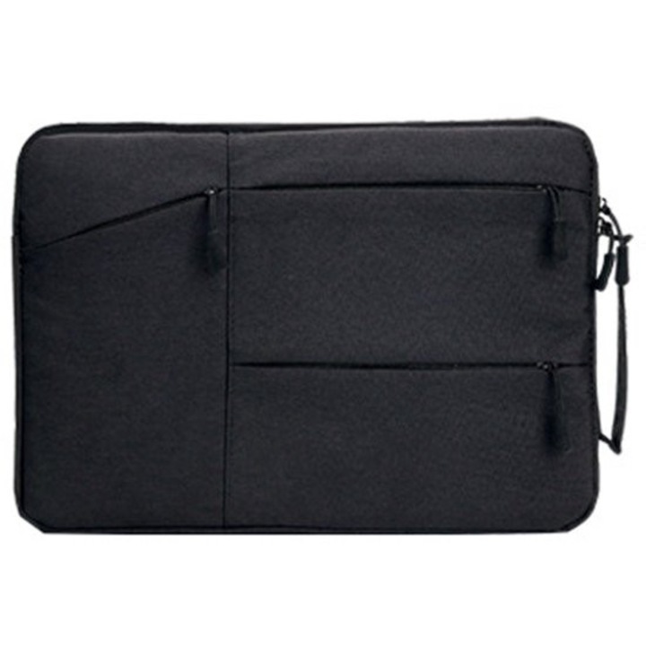 Husa pentru laptop 13.3 inch K0443-emagCJ-16613, material canvas rezistent la apa, captuseala din fleece, buzunare cu fermoar, negru, 35 x 26 x 2 cm