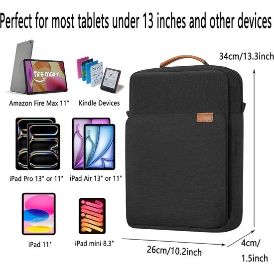 Geanta pentru tableta din Oxford, pentru tablete 9–13 inch, captuseala moale si protectie 360° antisoc, buzunare organizator, maner si curea detasabila, negru, 36 x 27 x 5 cm