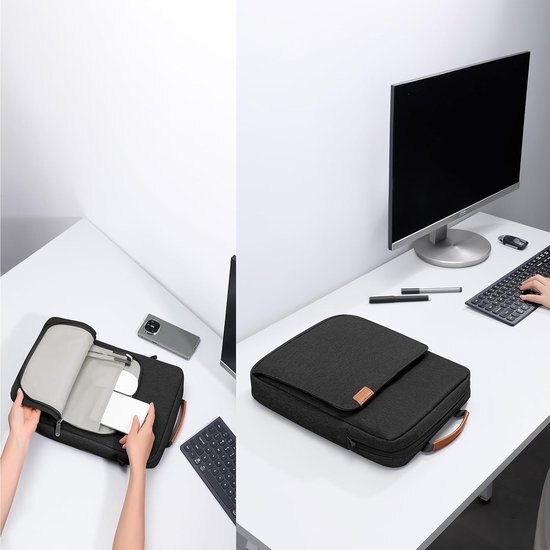 Geanta pentru tableta din Oxford, pentru tablete 9–13 inch, captuseala moale si protectie 360° antisoc, buzunare organizator, maner si curea detasabila, negru, 36 x 27 x 5 cm