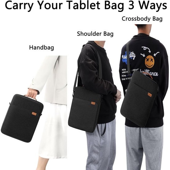 Geanta pentru tableta din Oxford, pentru tablete 9–13 inch, captuseala moale si protectie 360° antisoc, buzunare organizator, maner si curea detasabila, negru, 36 x 27 x 5 cm