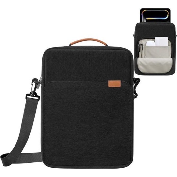Geanta pentru tableta din Oxford, pentru tablete 9–13 inch, captuseala moale si protectie 360° antisoc, buzunare organizator, maner si curea detasabila, negru, 36 x 27 x 5 cm