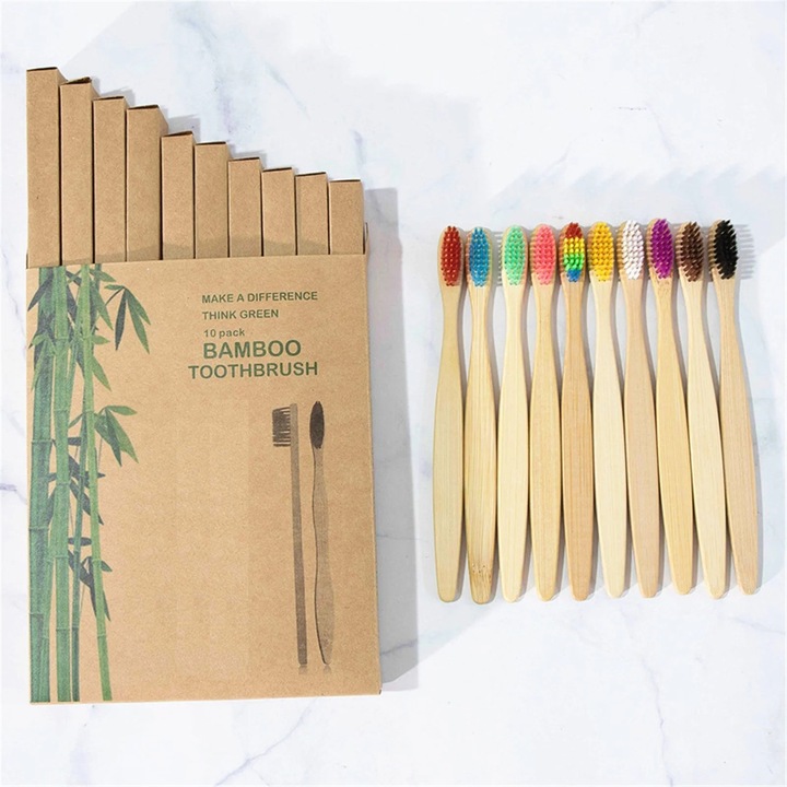 Periute de dinti din bambus YANYXR BCS3098732, biodegradabile, peri moi, cap mic pentru copii, multicolor, set 10 buc
