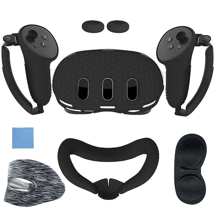 Set accesorii protectie pentru headset VR emag-FU-K0548-26803-1835, 7 piese, husa headset din silicon, 2 mansoane TPU pentru controllere, interfata faciala din silicon, capac lentila, husa textila pentru fata, 2 capace rocker, negru