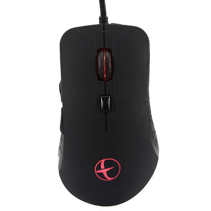 Геймърска мишка emag-FU-K0548-26803-2641, с кабел, оптична, 6 бутона, USB загряване с 3 степени (околна/38/48°C), регулируемо DPI 800/1200/1600/2400 (макс. 2400), плетен кабел 150 см, ергономична, черна, 119x39x67 мм