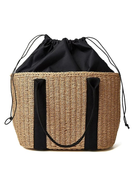 Yanyxr, geanta tote din paie impletite (snur de hartie) cu inchidere tip snur si manere late, natural/negru, 34x16x23 cm