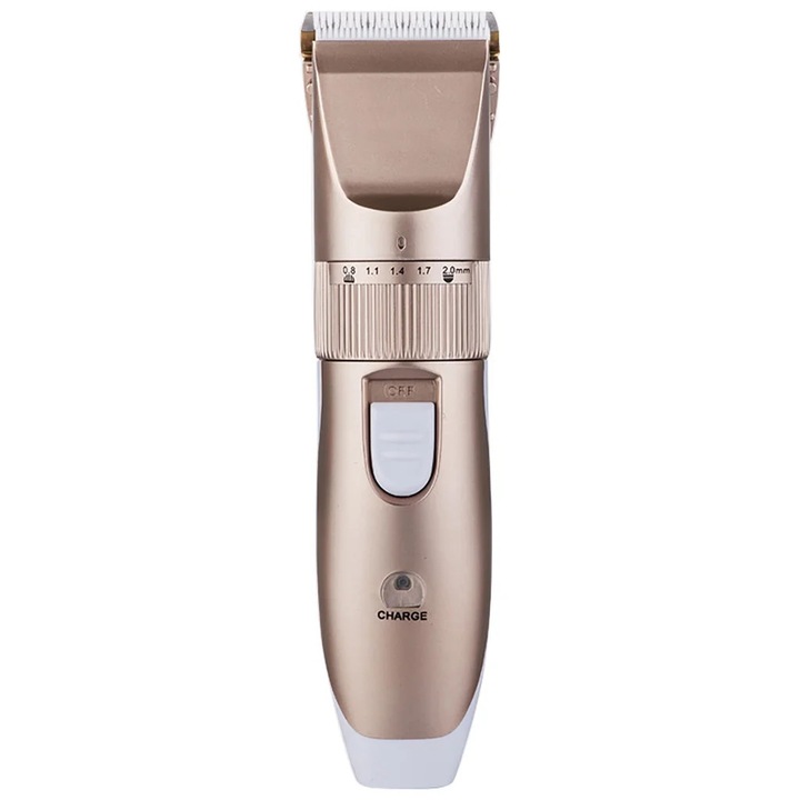 Masina de tuns YANYXR BCS3099325, reincarcabila USB, 12W, autonomie 70 min, 8 piepteni limita, reglaj 0.8–2.0 mm, auriu roz/alb