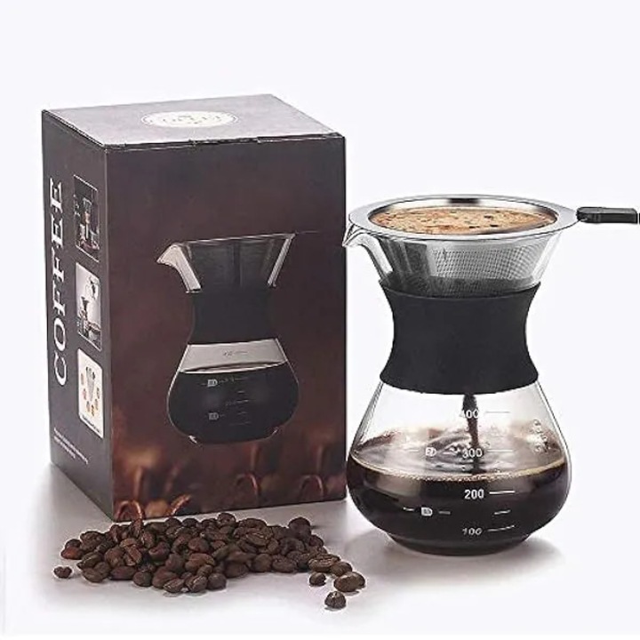 Filtru pour-over pentru cafea, sita din inox reutilizabila, carafa din sticla 300 ml, maner antiderapant, multicolor
