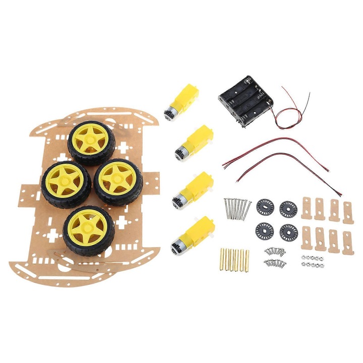 Комплект шаси за робот кола 4WD emag-FU-K0548-26803-18980, със скоростни енкодери, DC мотори и държач за батерии, Многоцветен, колела O 6 см