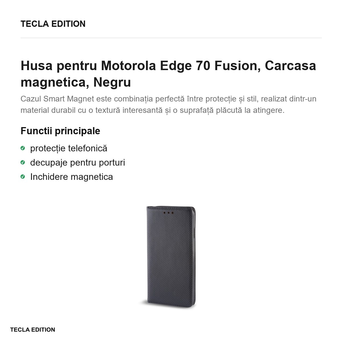 Husa Smart Magnet Fusion pentru Motorola Edge 70 Fusion, tip carte cu inchidere magnetica, Negru