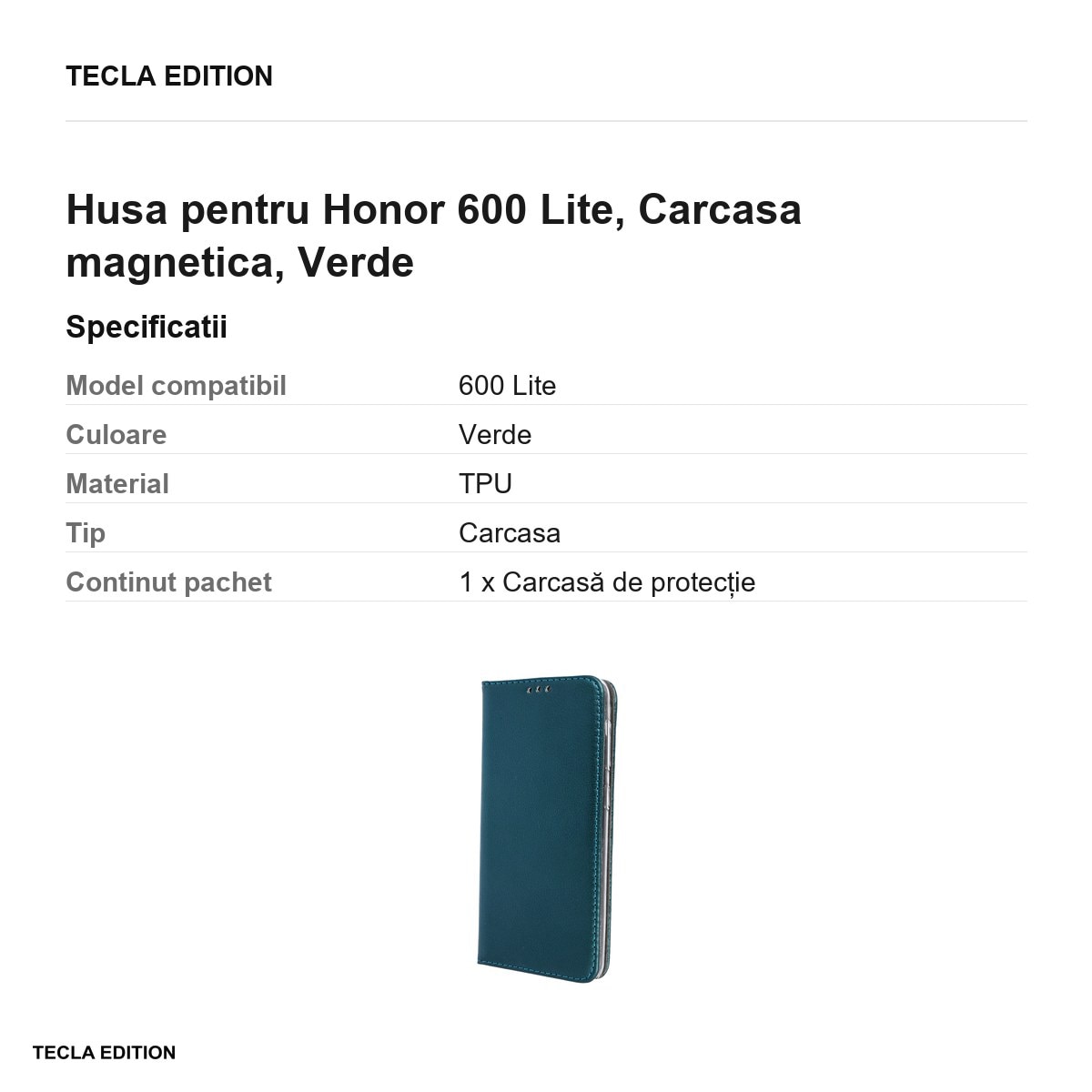 Husa Smart Magnetic pentru Honor 600 Lite, tip carte cu inchidere magnetica, Verde