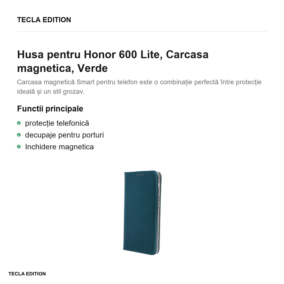 Husa Smart Magnetic pentru Honor 600 Lite, tip carte cu inchidere magnetica, Verde
