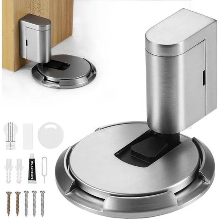 Opritor de usa magnetic cidiscount-xwx-260803-267 cu baza pentru podea, din aliaj zincat, finisaj argintiu, reglabil 10–20 mm, cu adeziv 3M si suruburi, silentios
