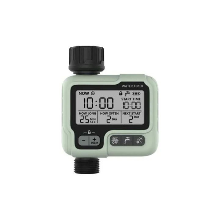 Programator de irigare, IPX5 rezistent la apa, ecran LCD mare, automat/manual, verde menta, model cdiscount-xkx-260803-0299