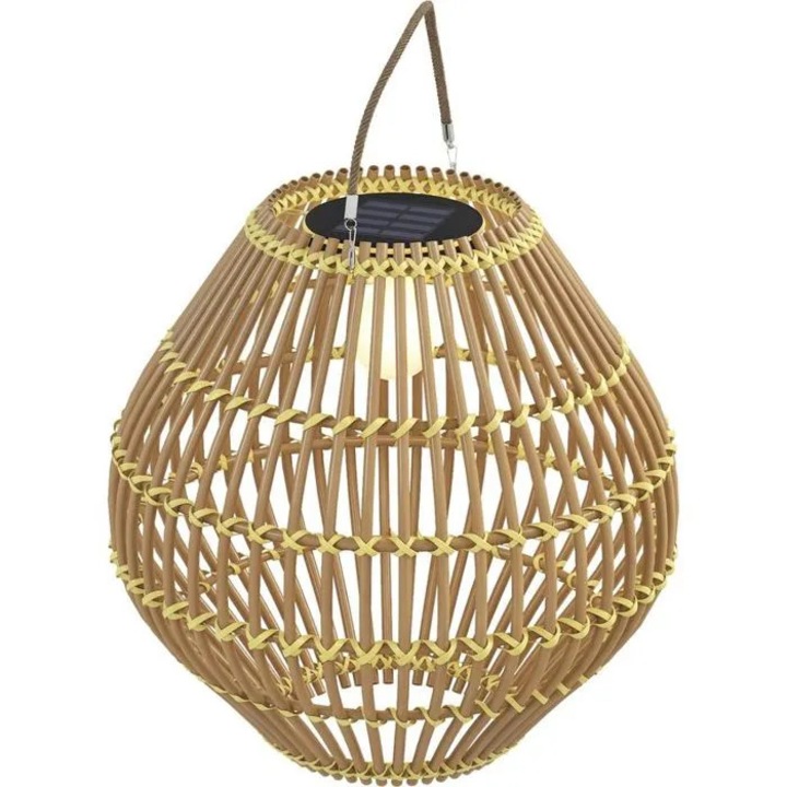 Lampa solara de gradina cdiscount-xkx-260803-0288, abajur din ratan sintetic (PE), rezistenta la stropire, senzor crepuscular, incarcare solara, agatata cu maner, galben, 31 x 31 x 32 cm
