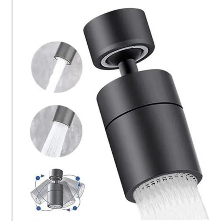 Perlator pentru robinet cidiscount-xwx-260803-217, rotatie 360°, 2 moduri de pulverizare, aerator economisire apa cu filtru in 4 straturi, negru
